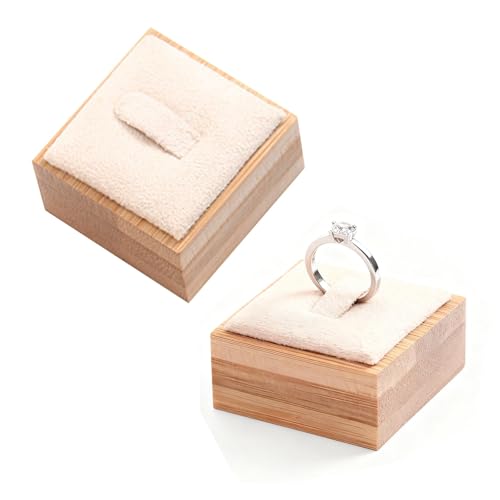 2Pcs Bamboo Ring Display Stand Velvet Jewelry Holder Props Single Rings Displays Box for Finger Jewelry Storage Wood Ring Holders Organizer for Showcase Countertop Drawer