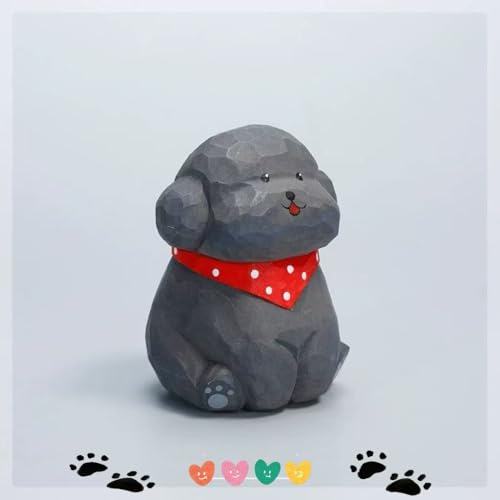 Hand-Carved Wooden Gray Teddy Dog Figurine, 2.7" Gray Puppy Statue with Base for Car Dashboard, Desk & Home Decor, Gift for Dog Lovers - color: Gray Teddy