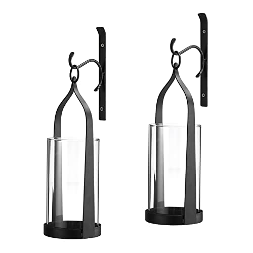 Hanging Wall Sconce Medieval Modern Wall Mounted Hurricane Candle Holder Glass & Metal Farmhouse Handcrafted Wall Art Decorations, Black Set of 2 HT21-0205B2 - color: Black-set of 2