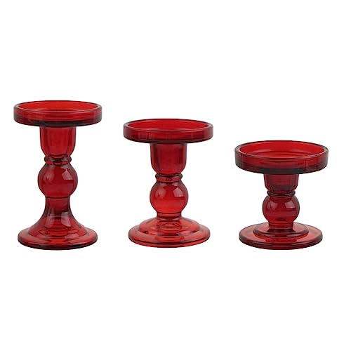 3-Piece Set of Red Glass Candlestick, Crystal Candlestick Holder Holder and Conical Candle, Christmas Candle Holder Decoration, Family Living Room Wedding Candle Holder (red1set) - color: Red