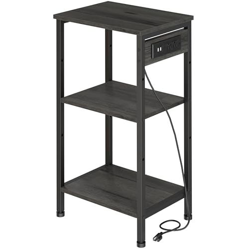 Asgolion Tall End Table with Charging Station, 3 Tier Narrow Beside Table with Adjustable Shelf, Tall Gray Side Table Nightstand for Bedroom, Living Room Coffe Table, Office, Charcoal Grey - color: Charcoal Grey, style: With Outlet
