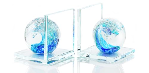 Arikyrist 1 Pair Crystal Bookends for Heavy Books with Hand Blown Ocean Waves Ball Glass Decorative Non Skid Bookends for Bookshelf Office Home (Dark Blue and Dark Green) - color: Dark Blue and Dark Green