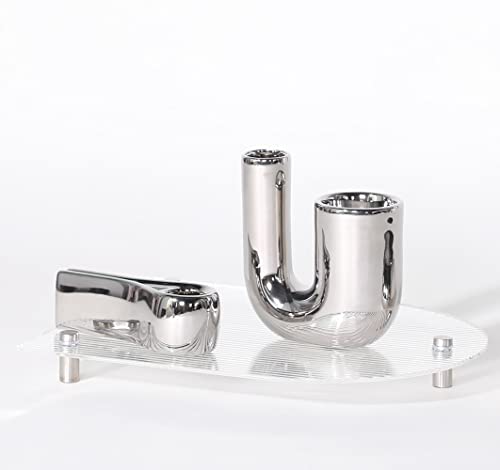 Silver Candlestick Holders, Decorative Taper Candle Holder Set Decor for Table Centerpiece Fireplace, Modern Silver Candle Holders Set, Aesthetic Ceramic Candle Stick Holder