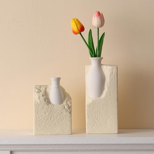 Ceramic Vase Bookends for Shelves, Modern Decorative Bookends with Flower Vase, Aesthetic Bookshelf Decor Book Ends with 2 Artificial Tulip Flowers