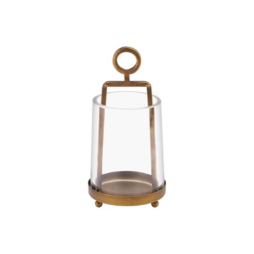 3.3" Wide Modern Farmhouse Metal Hurricane Candle Holder with Handmade Sturdy Glass Sleeve in Antique Brass for Pillar Candle & Plants, Glass Hurricane Lantern, Industrial, Minimalistic - color: Brass, size: 3.3"x5.2"
