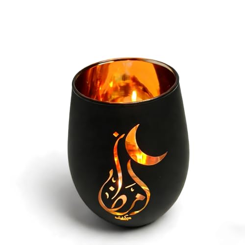 Black and Gold Ramadan Decorations for Home, Artistic Calligraphy Glass Tealight Candle Holder, 4.72" Eid Mubarak Table Decor, Luxury Islamic Votive Gift for Ramadan Kareem, Iftar Centerpiece