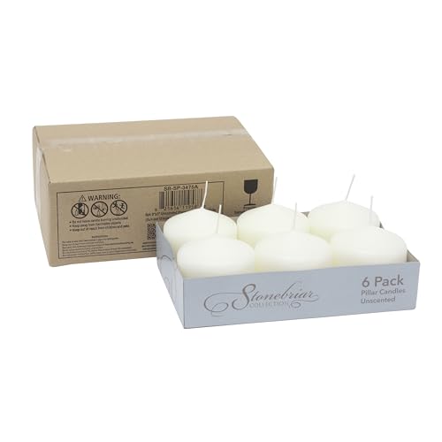 Stonebriar Unscented White Tall Pillar Candles, 18 Hour Burning Candle Pillars, Perfect for Decor, Weddings, Emergencies 3" X 3", 6 count - size: 3" x 3", style: Pack of 6