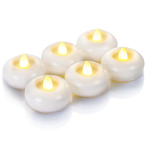 Homemory 2” Flameless Led Floating Candles, 200 Hour Plastic Battery Operated Flickering Waterproof Tealights for Cylinder Vases, Centerpieces at Wedding, Party, Pool, Holiday(6Pack, White Base) - color: White base (6 Pack)