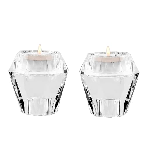 Crystal Candle Holders Pack of 2, Reversible Clear Tealight or Taper Candlesticks, Table Centerpiece Home Decor for Wedding, Dining, Party, Luxury Gift Set (Transparent) - color: Clear