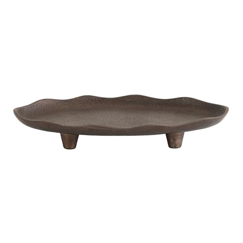 Kate and Laurel Alessia Modern Decorative Scalloped Oval Footed Metal Tray; 14 x 8; Bronze; Transitional Food-Safe Cast Aluminum Pedestal Tray with Rough Texture and Deckled Edge - color: Bronze