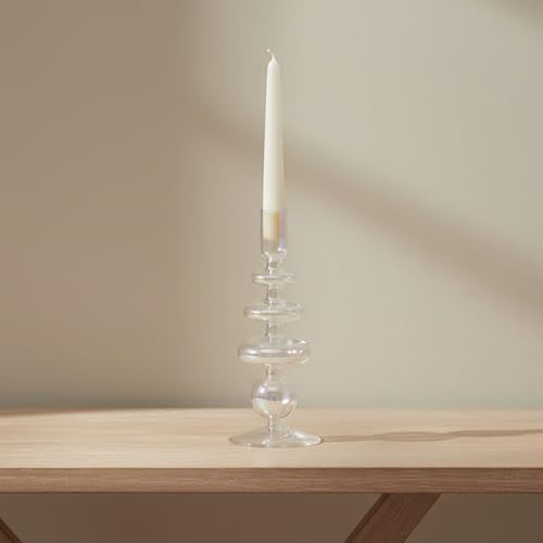 Vintage Glass Candle Holder for Pillar Candles – Taper Candle Holders for Table Decor, or Living Room – Stacked Disc and Sphere Design Candlestick Holders, Boho Home Decor – 11", Clear - color: Clear, size: 11.0" H