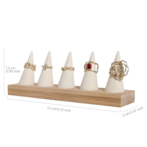 GemeShou Beige wood ring storage organizer, Velvet Jewelry ring display holder, Cute ring display stand for selling, wedding ring holder at nightstand【Beige with five cone】 - size: Large