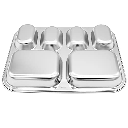 Korean Stainless Steel Divided Plates for Kids, Adults, Students, Premium 304, Electro-Polished, No Black Residue, BPA-Free, 6-Compartment Food Tray, Picky Eaters, Diet Portion Control, Set of 2 - size: 6 Compartments (12x9.5Inch)