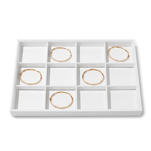12-Grid PU Leather Jewelry Display Tray – Versatile Organizer Storage Case for Bracelets, Bangles, Watches, Earrings | Elegant Countertop Showcase (White) - color: White, size: 12 Grid