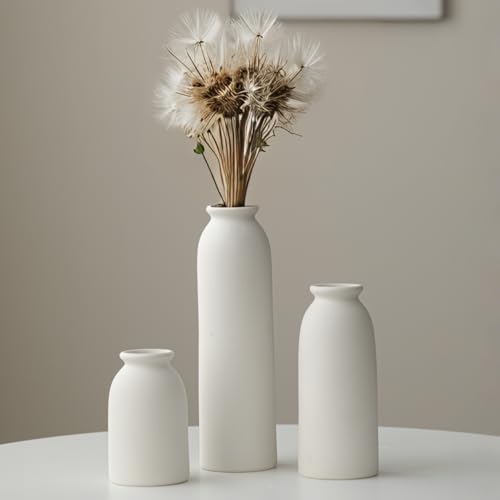 10.6 inches Tall Decorative Ceramic Vase Set, 3 Pieces, Nordic Modern Boho Style, White, for Home Decor (White) - color: White
