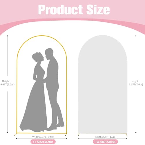 6.6FT Arch Backdrop Stand and Arch Cover Set, Gold Metal Arch Stand Backdrop with White Arch Stand Cover Ideal for Weddings, Birthday Parties, Baby Showers, Celebration Decorations - size: 6.6 FT