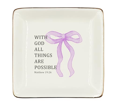 WODMIS Christian Coquette Purple Bow Ceramic Jewelry Tray Dish, Preppy Bible Verse Jewelry Plate Ring Trinket Dish, Trendy Aesthetic Ribbon Gifts for Women Bestie Best Friends 512 - color: Purple
