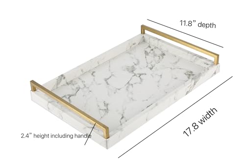 17.8 * 11.8" White PU Leather Marble Finish Decorative Tray Serving Tray with Brushed Gold Handle for Coffee Table, Console Table, Ottoman - color: White