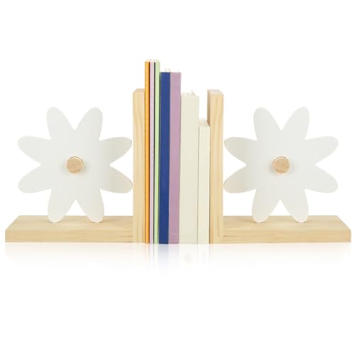 Harloon 2 Pcs Daisy Wooden Bookends Pink Rainbow Moon and Cloud Nursery Bedroom Decor for Home (Daisy)