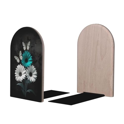 Blue Flowers Butterflies White L-Shaped Book Ends 1 Pair Wood Bookends Book End Supports for Heavy Book Shelf Holder Home Decorative - color: Blue Flowers Butterflies White
