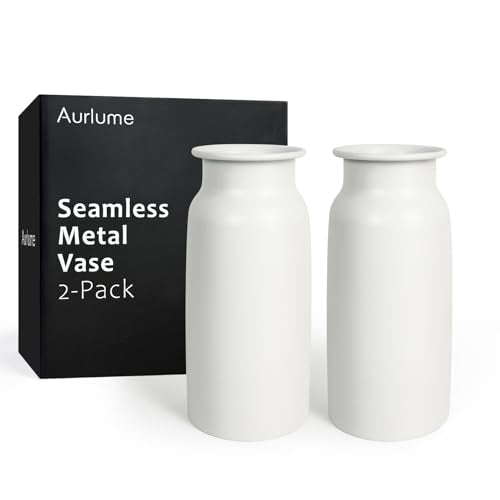 Set of 2 Seamless Metal Vase for Flowers, 10.8" Modern Matte White Floral Vase Set, Shatterproof & Leakproof, Minimalist Home Decor Centerpiece for Dining Table, Mantle, Shelf - color: White