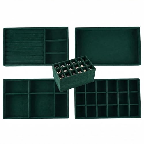 Stackable Jewelry Organizer Trays for Drawer, Set of 4 Velvet Jewelry Drawer Inserts in Dresser, 8in Storage Display Case for Rings Stud Necklaces Accessories(Green) - color: Green