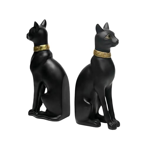 Comfy Hour 9.1" Black Egyptian Bastet Figurine Style Bookends, Antique Vintage Ancient Goddess Statue Home Decor, Heavy Duty Cat Book Stoppers Pair