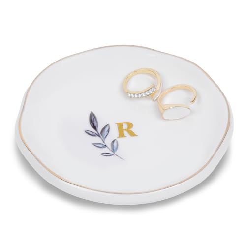Personalized Ceramic Ring Dish, Initial Jewelry Tray for Rings, Earrings, Necklaces & Bracelets, Gift for Engagements, Birthdays, Holidays, Mom, Sister, Bridesmaid, Bride-to-Be, 4" Ring Plate - color: R