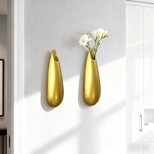 Sculptural Wall Ceramic Vase — 2 Pack Gold Hanging Sconce Vase | Turn Flowers into Art — Decorative Ceramic Wall Sconce for Single Stem Displays - size: 2pcs-Large