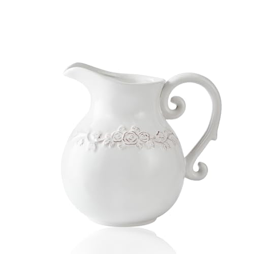 Ceramic Pitcher White Flower Vase, Farmhouse Ceramic Jug Vase for Home Décor, 7.3 inch Height. - color: Broad-bodied Pitcher