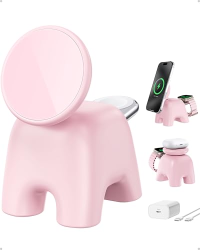 AOK-AOK Foldable Wireless Charging Station, 15W Magnetic Fast Charger Stand for iPhone 17 16 15 14 13 12 Pro Max&Apple Watch&Airpods, 2-in-1 Charger for Home/Office/Travel(30W Adapter Included) - color: Pink