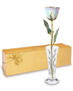 Forever Rose Hand-Dipped in 24K Gold, Opal-Inspired October Birthstone with Sparkles, Real Rose in Luxury Gold Gift Box & Clear Glass Bud Vase – Perfect Ready for October Birthday or Any Occasion - color: October Opal