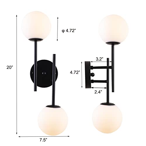 BYOLIIMA Black Globe Wall Sconces, 2-Light Modern Matte Black Vanity Lights with White Globe Glass Shade, Industrial Farmhouse Wall Lamp for Bedroom, Living Room, Kitchen, Bathroom - color: Black