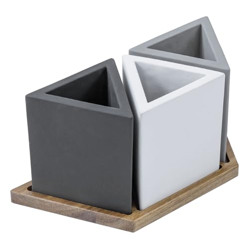 MyGift Modern Concrete Desk Organizer Set with 3 Triangular Gray-Tone Pen Holders and Acacia Wood Tray, 4-Piece Office Storage Solution for Pens, Pencils, and Supplies - color: Wood