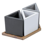 MyGift Modern Concrete Desk Organizer Set with 3 Triangular Gray-Tone Pen Holders and Acacia Wood Tray, 4-Piece Office Storage Solution for Pens, Pencils, and Supplies - color: Wood