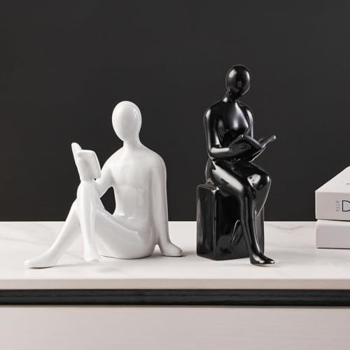 Ceramic Decorative Bookends, Book Ends for Shelves, Home Office Decor Aesthetic Statues Book Holders Stoppers for Bookshelf, Table, Bedroom Living Room Decoration (White and Black) - color: White and Black