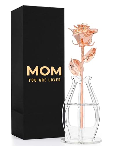Forever Rose Bloom Box & Phantom Vase Combo, Rose Gold Dipped Rose in a Personalized Gift Box That Says Mom You are Loved Embossed in Gold Foil, Unique & Everlasting Gift for Any Occasion - color: Rose Gold Rose (Vase & Mom You Are Loved Box)