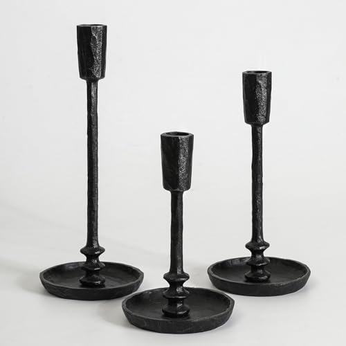Rustic Cast Iron Taper Candle Holder - Set of 3 Vintage Candle Stands, Candlestick Holders for Wedding, Dining, Party Décor (Black) - color: Black