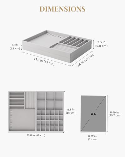Lolalet Jewelry Drawer Organizer Inserts, Stackable Velvet Tray Jewelry Storage Organizers Set Display Cases for Necklaces Bracelets Earrings Rings Chains Bangles Watches, Mothers Day Gift - color: Grey, size: A4 Size, 2 Packs