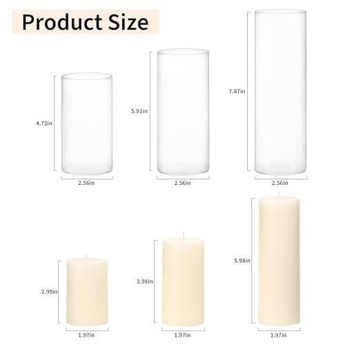 12PCS Hurricane Candles Set with Glass Cylinders – White Unscented Pillar Candles in Glass, 3 Size Mixed Glass Pillar Candle Holder, Windproof Elegant Table Centerpiece for Home, Wedding, Party Decor