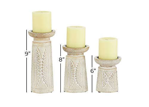 Deco 79 Wood Floral Handmade Decorative Candle Holder Intricate Carved Pillar Candle Stand, Set of 3 Candlestick Holder 10', 8', 6'H, White