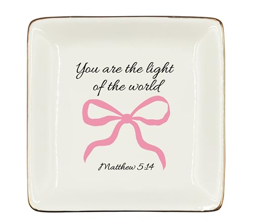 WODMIS Christian Coquette Bow Ceramic Jewelry Tray Dish, Bible Verse Preppy Jewelry Plate Ring Trinket Dish, Trendy Aesthetic Ribbon Gifts for Women Bestie Best Friends 508 - color: Pink-1