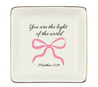 WODMIS Christian Coquette Bow Ceramic Jewelry Tray Dish, Bible Verse Preppy Jewelry Plate Ring Trinket Dish, Trendy Aesthetic Ribbon Gifts for Women Bestie Best Friends 508 - color: Pink-1