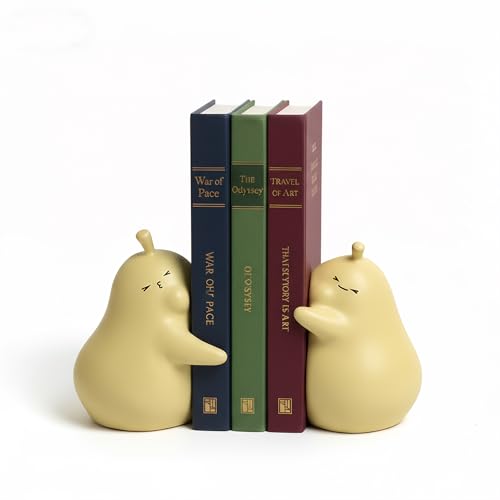 Hug Pear Decorative Bookends, Cute Book Ends to Hold Books, Creative Ceramic Book Holder Stopper for Home, Office Desk, Bookshelf Decoration (Matte Yellow)