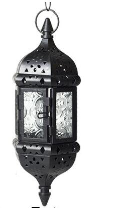 2PCS Moroccan Decorative Candle Lantern Metal Hanging Tealight Candlestick Holder Glass Indoor Outdoor LED Flameless Candle Holder 13.8 inches Chain (Black) - color: Black