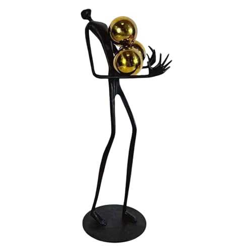 Modern Abstract Cast Iron Sculpture with Golden Spheres – 16.2 in Tall Handmade Minimalist Figurine Art for Home Office Decor, Industrial Desktop Ornament Gift (Black)
