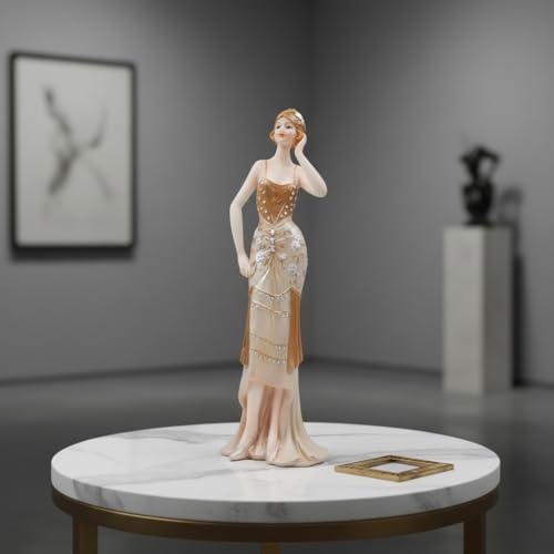 Comfy Hour 13" Glamour Elegance Art Deco Lady Figurine, Elegant Standing Woman Statue in Shimmering Gold and Tan Gown, Roaring 20s Style Desktop Decor Accent, 1 Unit - color: Elegant Standing Lady