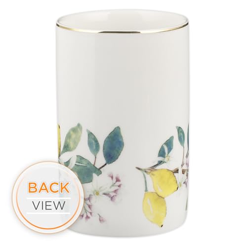 Christian Art Gifts Small White Ceramic Table Vase for Flowers & Plants: Rejoice Always Inspirational Scripture Home Décor, Kitchen, Bathroom, Living Room, Yellow Lemon, Green Leaves & Gold, 5" x 3.2"