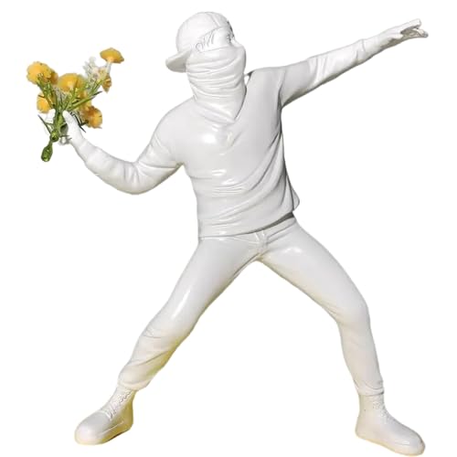 Banksy Street Graffiti Art Statue,Throwing Flower Boy Figurine,Resin Statue Ornaments,Living Room Dining Desk Decorations,Bookshelf Decorative Objects,Modern Home Decor(8.6"/White) - color: Throwing Flower Boy-white-1