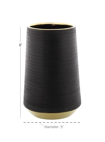 CosmoLiving by Cosmopolitan Porcelain Ceramic Decorative Vase Ribbed Centerpiece Vase with Gold Accents, Flower Vase for Home Decoration 5" x 5" x 8", Black (Pack of 2) - size: 5" x 5" x 8" (Pack of 2)